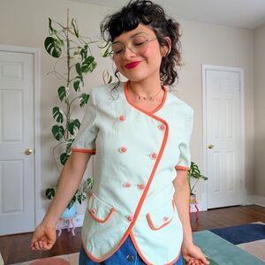 Women's Mint Green Double-Breasted Jacket with Orange Trim